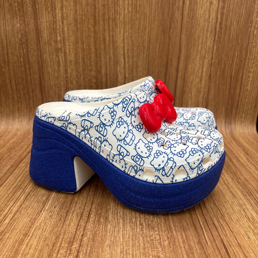 Crocs Hello Kitty Siren Clog Women 7 Blue White Platform Glitter Bow 209452-100
